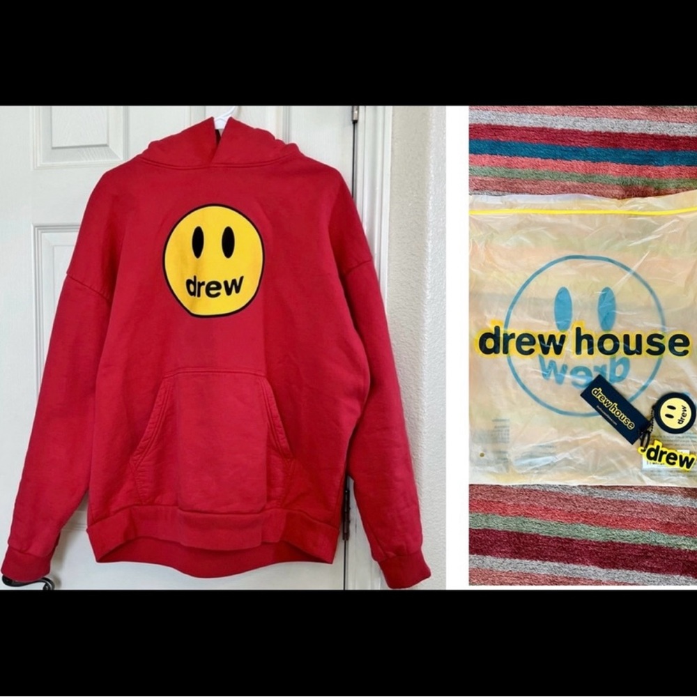Drew House Red Hoodie with Smiley Face Design